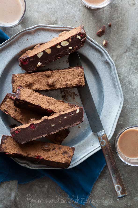 No-Bake Chocolate Fridge Cake with Raspberries and Almonds on gourmandeinthekitchen.com