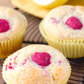 Raspberry Lemon Muffins on a cooling rack.