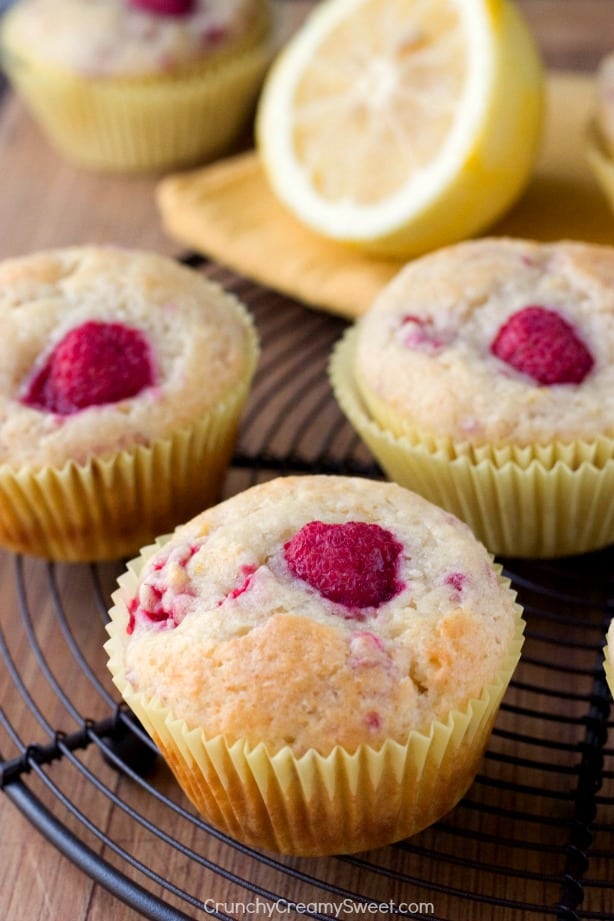 Side shot of lemon muffins with raspberries on top.