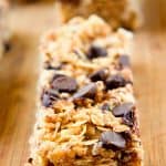 Chewy Peanut Butter Chocolate Chip Granola Bars in a row.