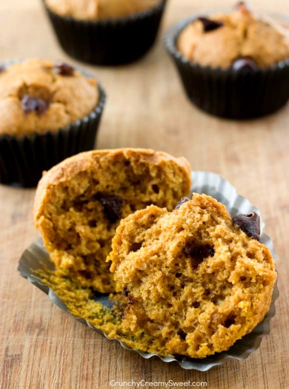 Skinny Chocolate Chip Pumpkin Muffins - soft and fluffy and so delicious!