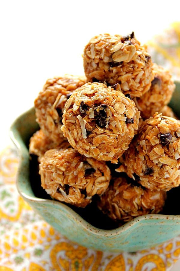 Oatmeal balls in light blue bowl.