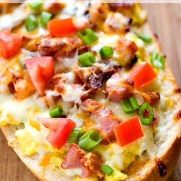 Breakfast Omelet Topped Cheesy Garlic Bread