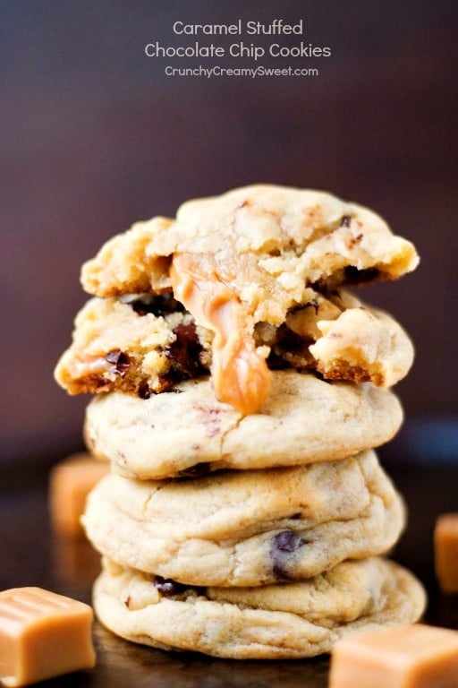 Caramel Stuffed Chocolate Chip Cookies - soft and chewy giant cookies filled with chocolate and caramel