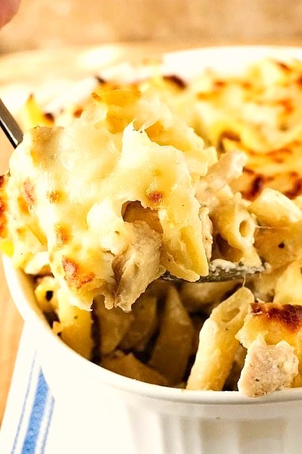 Cheesy Chicken Alfredo Bake in a casserole dish.