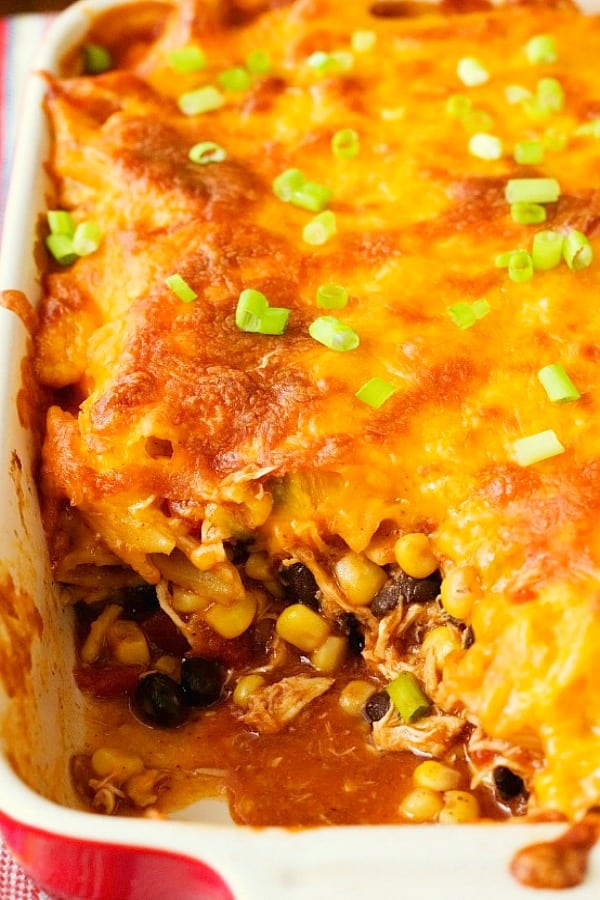 Cheesy Chicken Enchilada Pasta Bake in casserole dish.