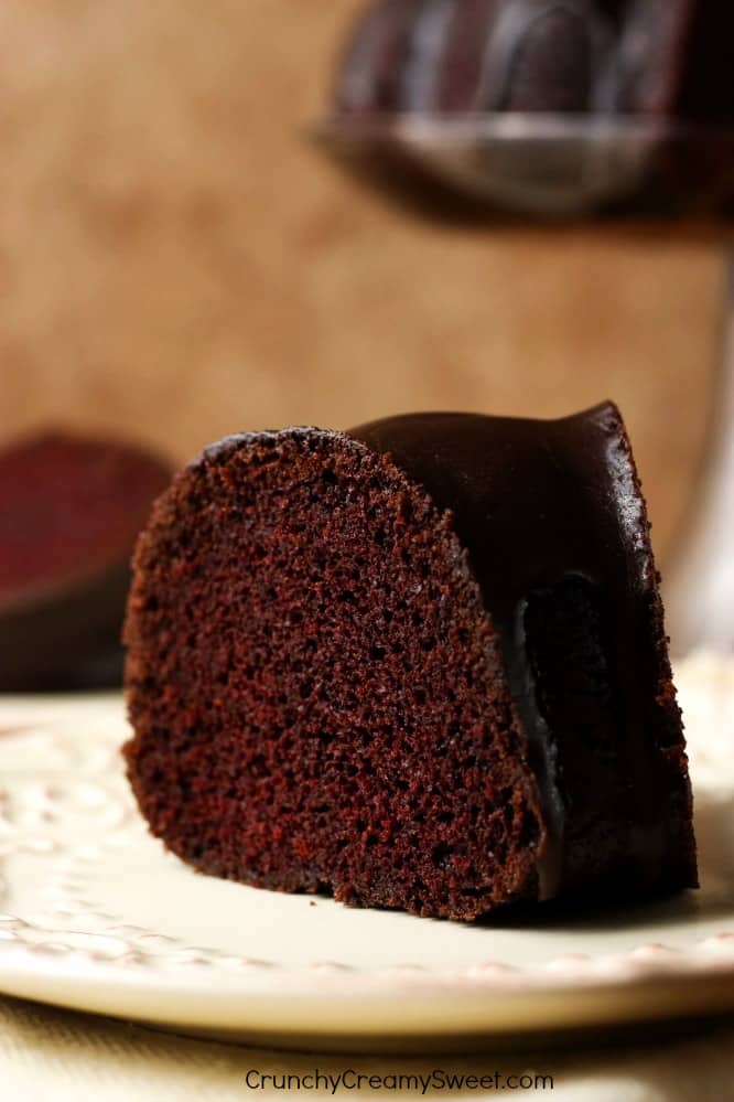 Close up shot of one slice of chocolate bundt cake on plate.