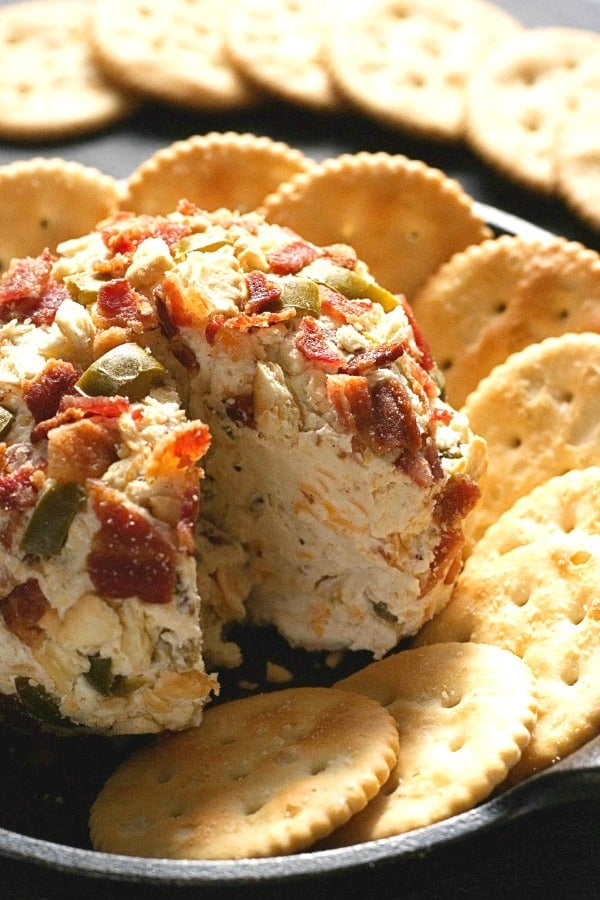 Jalapeno Popper Bacon Cheese Ball with crackers.
