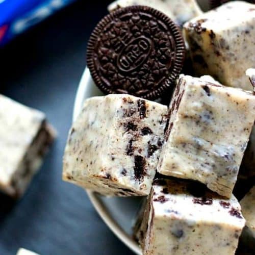 Oreo Fudge in a white bowl.