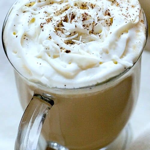 White Chocolate Coconut Latte in a mug.