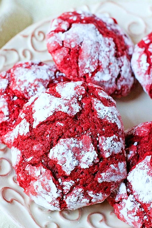 Red Velvet Crinkle Cookies on a plate.