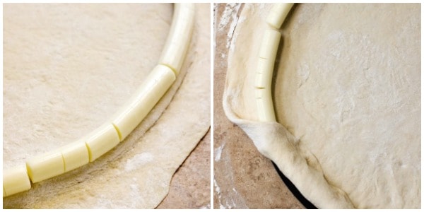 Step 3 and 4 of making stuffed pizza crust.