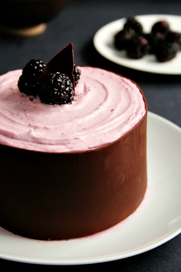 Mini Chocolate Cake with Blackberry Cream Cheese Frosting and Chocolate Wrap