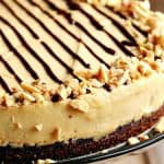 Peanut Butter Mousse Chocolate Cake on cake stand.