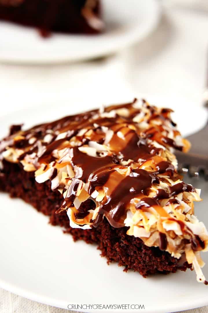 Chocolate Cake with Coconut Caramel Topping Samoas Inspired Chocolate Cake