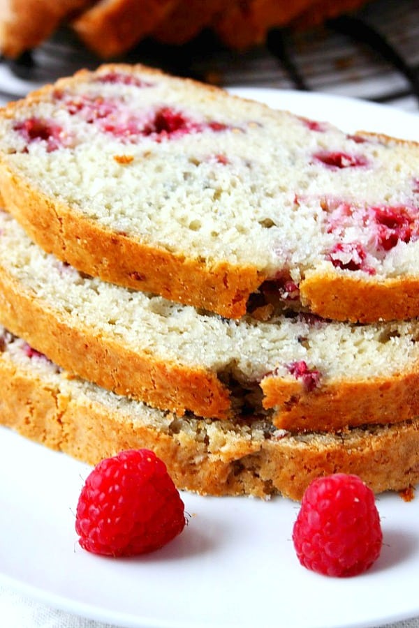 Lemon Raspberry Bread Slices on a plate.