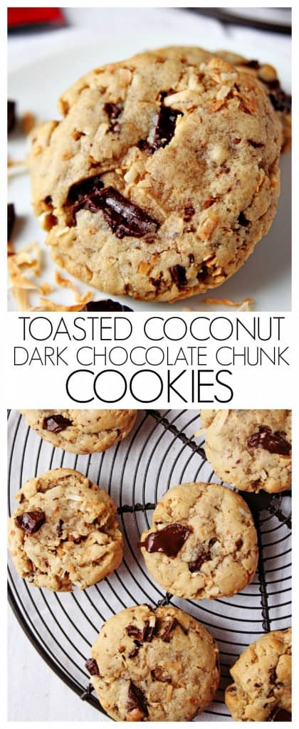 Toasted Coconut and Dark Chocolate Chunk Cookies on crunchycreamysweet.com