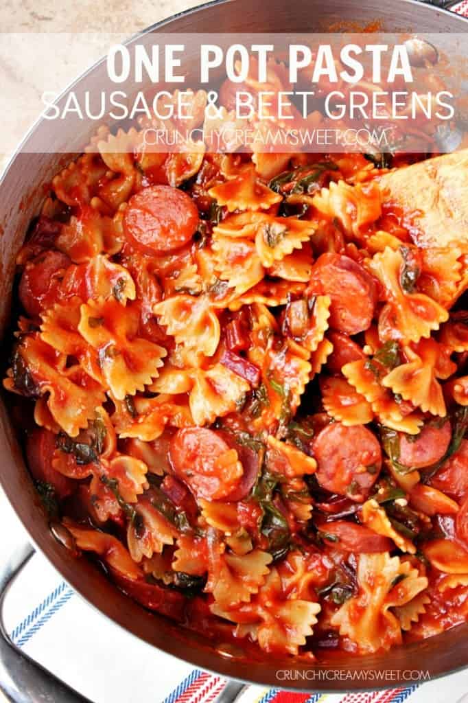 20-Minute One-Pot Pasta with Sausage and Beet Greens #pasta #recipe #glutenfree crunchycreamysweet.com