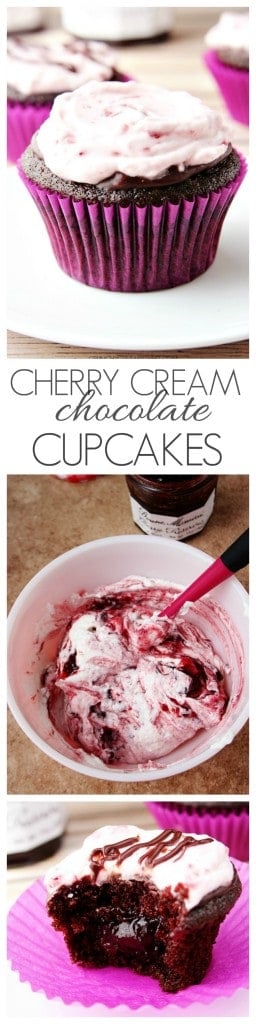 Cherry Cream Surprise Chocolate Cupcakes #recipe #cupcakes crunchycreamysweet.com