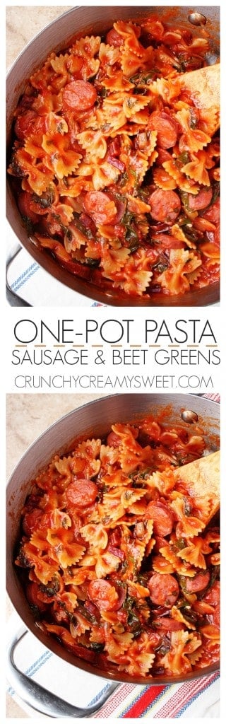 One Pot Pasta with Sausage and Green Beets recipe pasta glutenfree onepot crunchycreamysweet.com  320x1024 One Pot Pasta with Sausage and Beet Greens