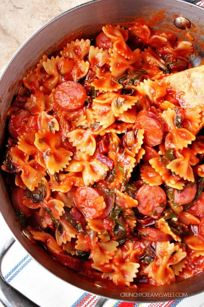 Saucy Pasta with Sausage and Beet Greens #recipe #onepot #pasta #glutenfree crunchycreamysweet.com