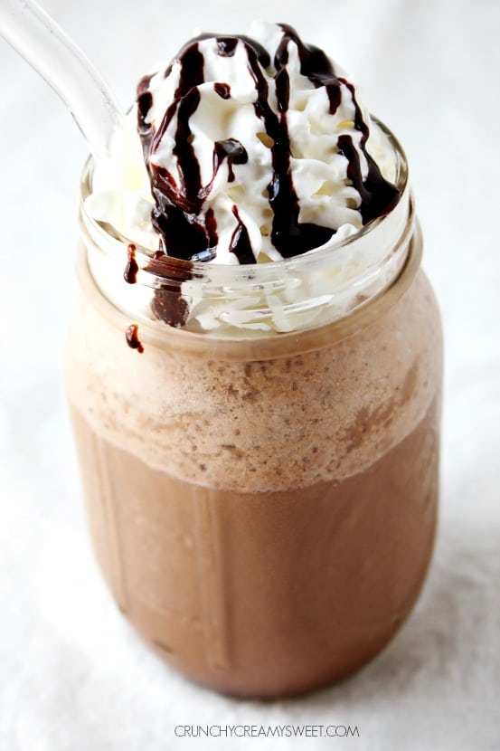 Homemade Mocha Frappuccino Copycat Recipe just a few ingredients and 2 minutes is all you need to make this cooling coffee drink in your own kitchen crunchycreamysweet.com  Homemade Mocha Frappuccino