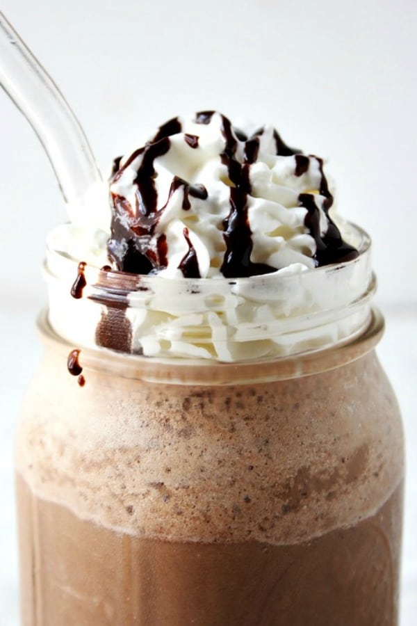 Homemade Mocha Frappuccino in a mug.