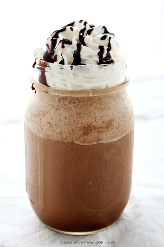 Homemade Mocha Frappuccino Copycat Recipe - just a few ingredients and 2 minutes is all you need to make this cooling coffee drink in your own kitchen! crunchycreamysweet.com Homemade Mocha Frappuccino made in just 2 minutes crunchycreamysweet.com