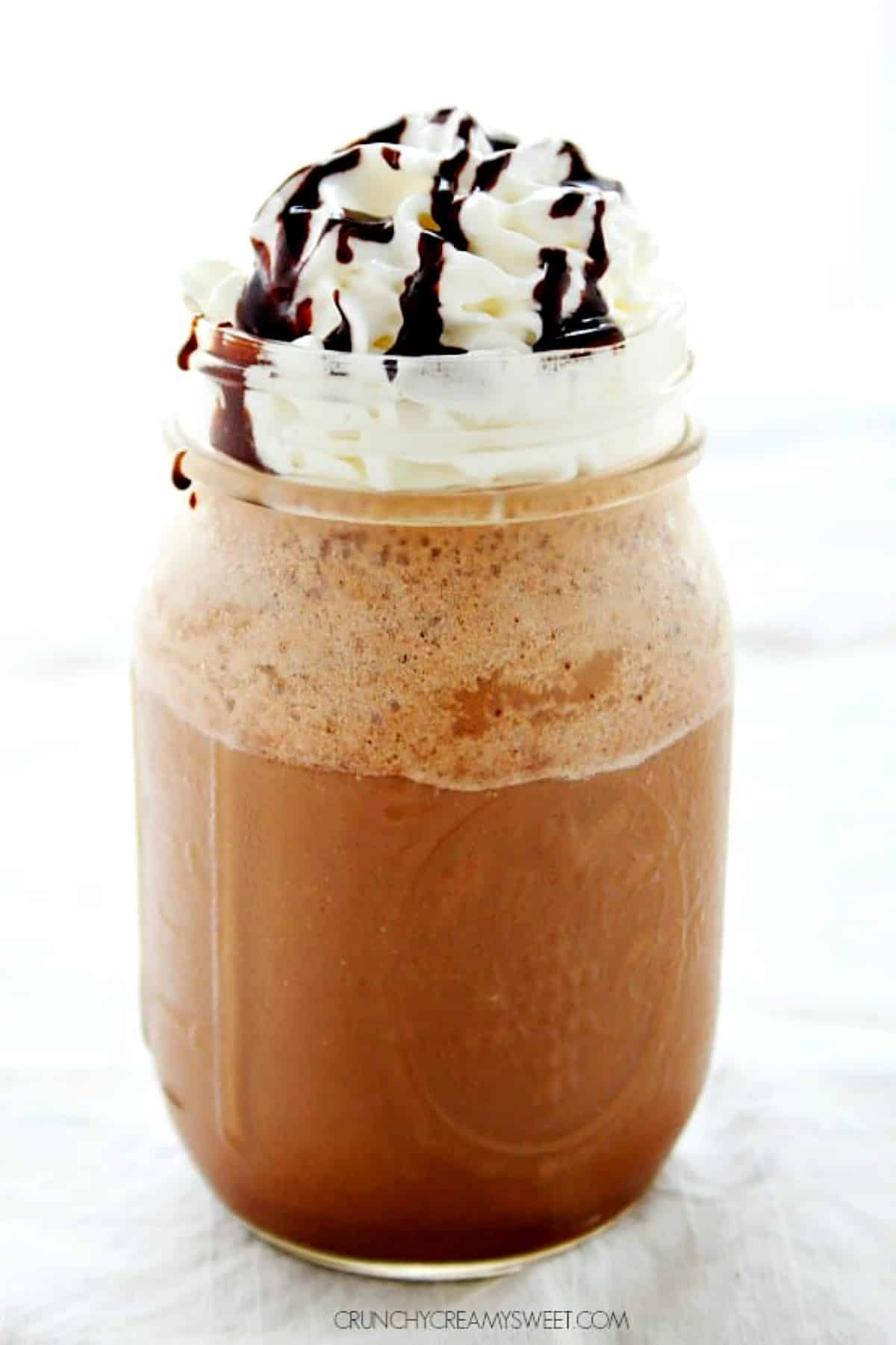 Homemade Mocha Frappuccino in a glass jar.