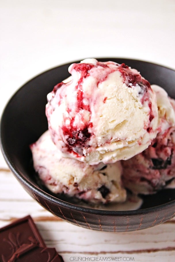 Cherry Preserves Swirl and Dark Chocolate Chunk Ice Cream - super easy homemade ice cream recipe with a 2-ingredient base! @crunchycreamysw