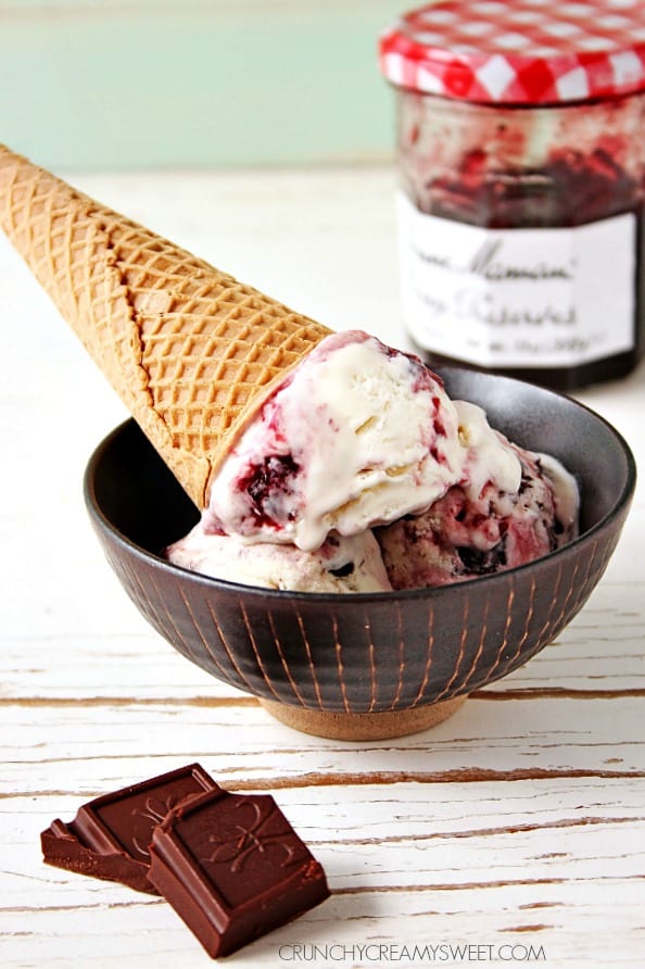 Dark Chocolate Cherry Ice Cream recipe - only 4 ingredients are required to make this decadent treat! @crunchycreamysw