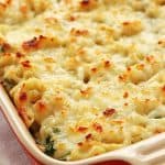 Healthy Spinach Dip Mac and Cheese in casserole dish.