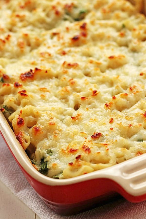 Healthy Spinach Dip Mac and Cheese in casserole dish.