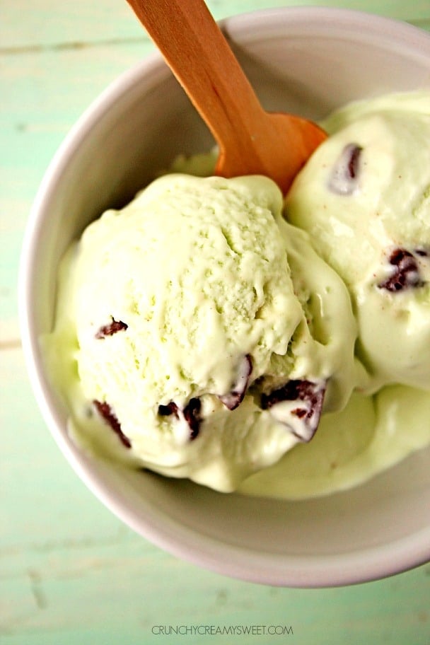 Overhead shot of mint chocolate chip ice cream scoops in bowl.