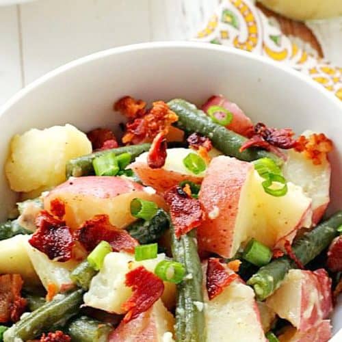 Potato Salad with Green Beans and Bacon in a bowl.