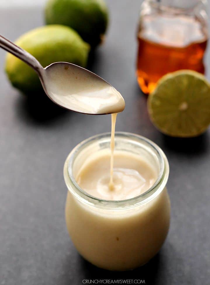 Honey Lime Dressing - one of my favorite dressings ever! You can make it for sweet and savory salads! So easy to whip up in your blender! honey lime dressing in a small jar