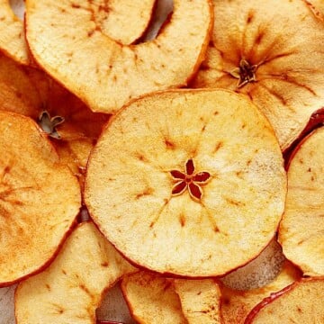 Apple chips spread out on counter.