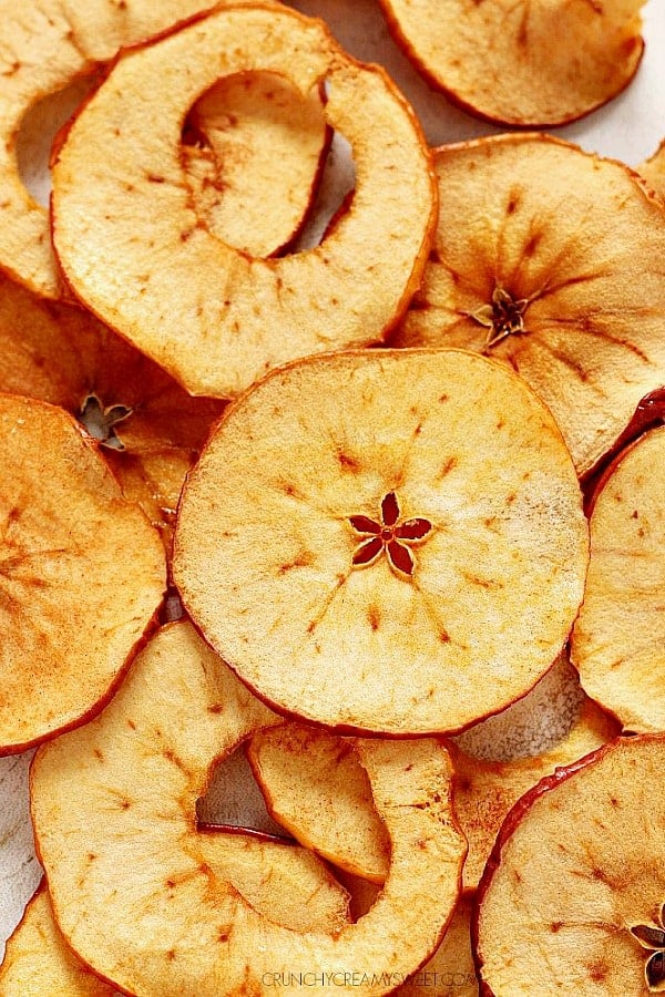 Overhead shot of apple chips on counter.