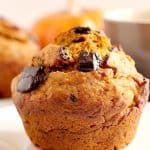 Chocolate Chunk Pumpkin Muffin on a plate.