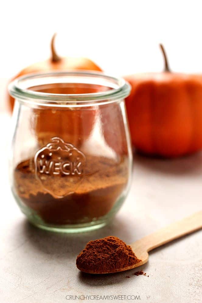 Side shot of pumpkin pie spice in small weck jar with small wooden spoon with spice on it.