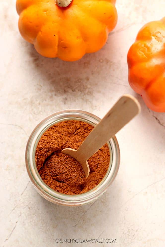 Overhead shot of pumpkin pie spice in a jar.