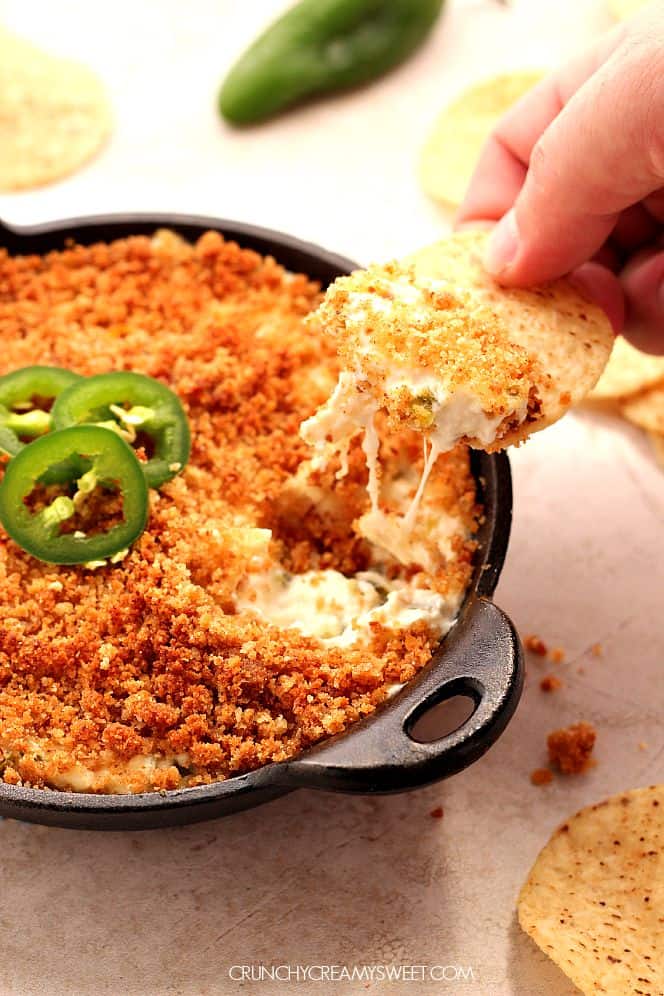 jalapeno popper dip in a cast iron skillet