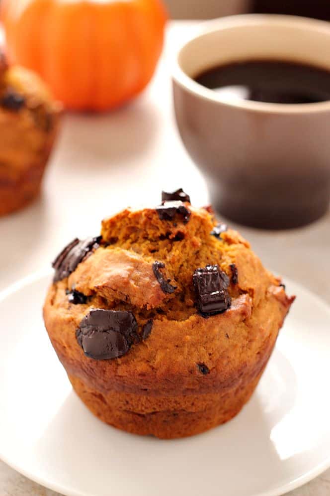 Bakery Style Chocolate Chunk Pumpkin Muffins - jumbo pumpkin muffins with dark chocolate chunks! Make bakery style treat in your own kitchen! pumpkin jumbo muffins