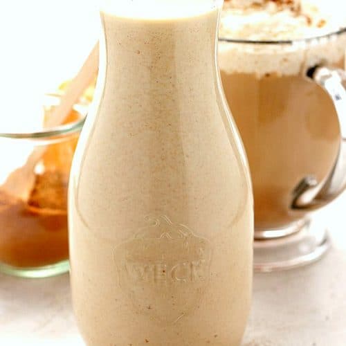 Pumpkin Spice Coffee creamer in a carafe.