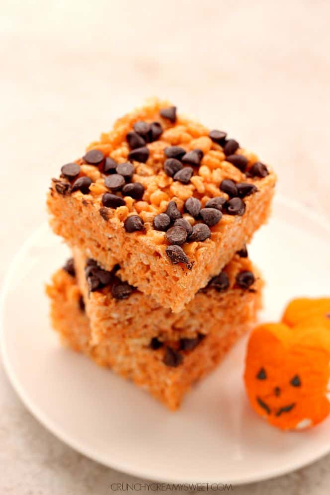 Pumpkin Cereal Treats on white plate.