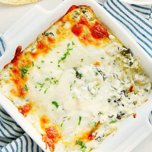 Spinach dip in a baking dish.