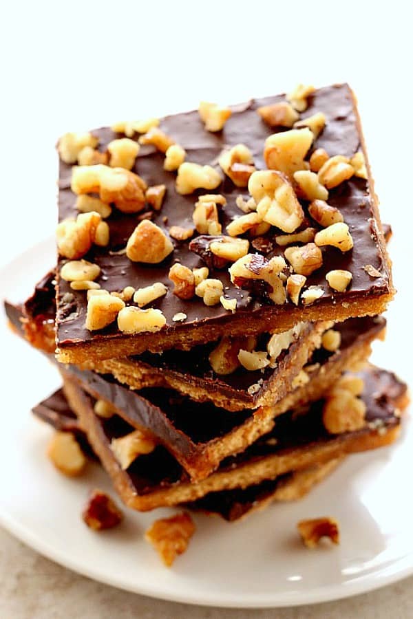 Graham Cracker Toffee Bark pieces stacked up.