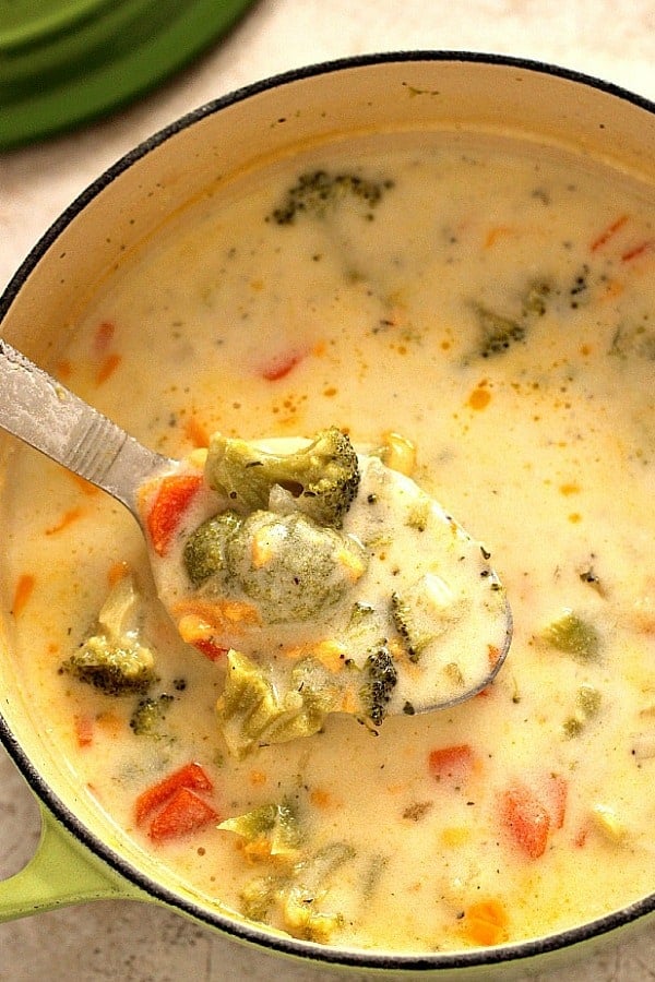 Panera Broccoli Cheese Soup in a pot.