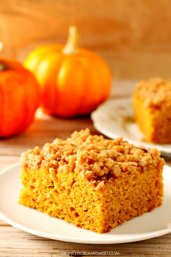 The Best Pumpkin Coffee Cake - absolutely irresistible pumpkin cake! Best Pumpkin Coffee Cake slice on a white plate.