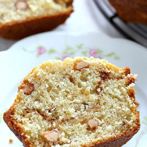 Cinnamon Swirl Peanut Butter Banana Muffin on a plate.